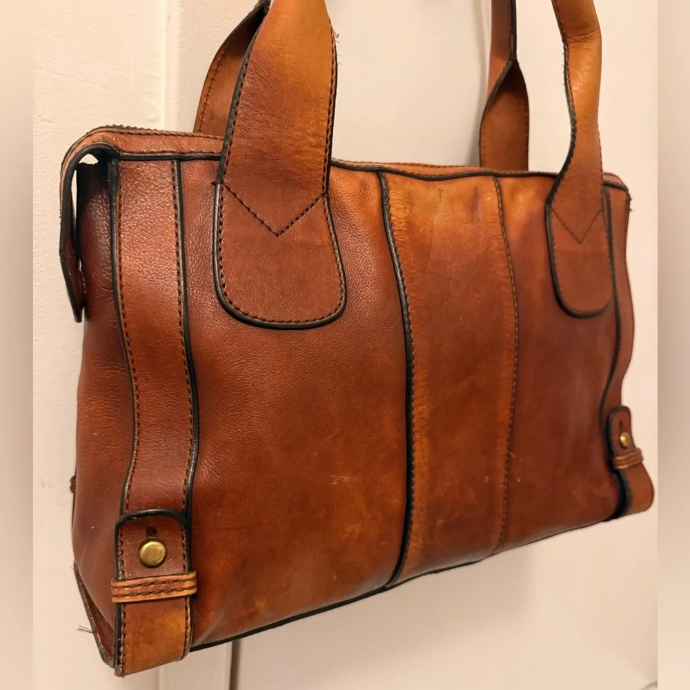 Vintage Fossil Keyhole Cognac Full Grain Leather Tote Y2K Zip Shoulder Bag 14x11